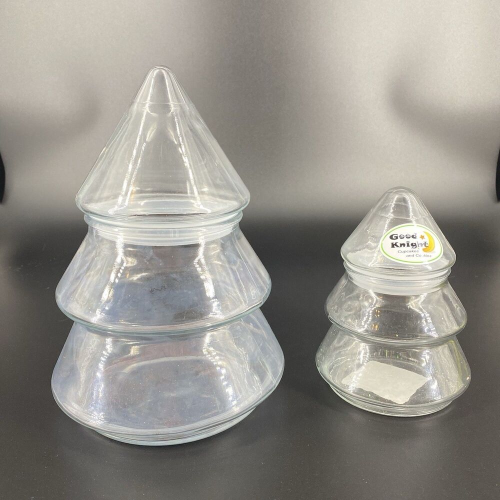 Lot of 2 Glass Christmas Tree Apothecary Jars Canisters 9” & 6” Made in USA